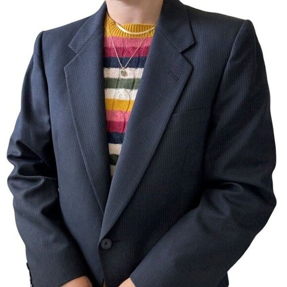 Vintage Christian Dior Unisex Navy Pin Stripe 100% Wool Sport Coat Blazer 40R - Picture 3 of 11